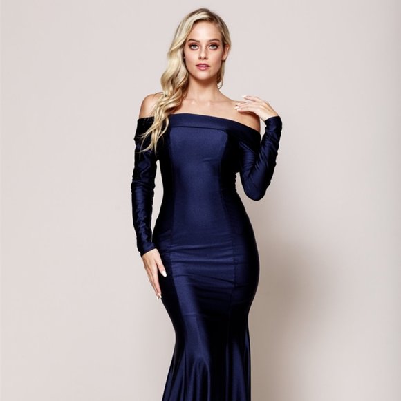 Straight Neck Off Shoulder Evening Dress AC380 - Picture 3 of 4